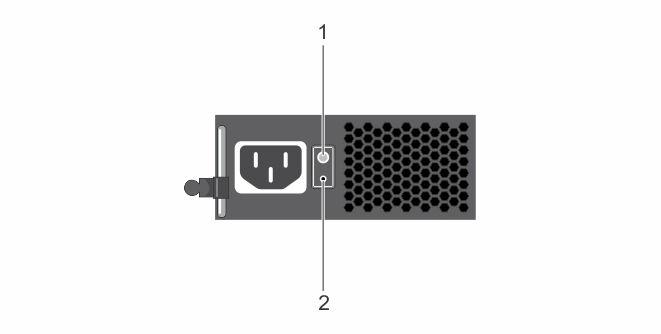 그림 6. 케이블연결된 AC PSU 상태표시등및자체진단단추 1. 자체진단단추 2. AC PSU 상태표시등 표 9.