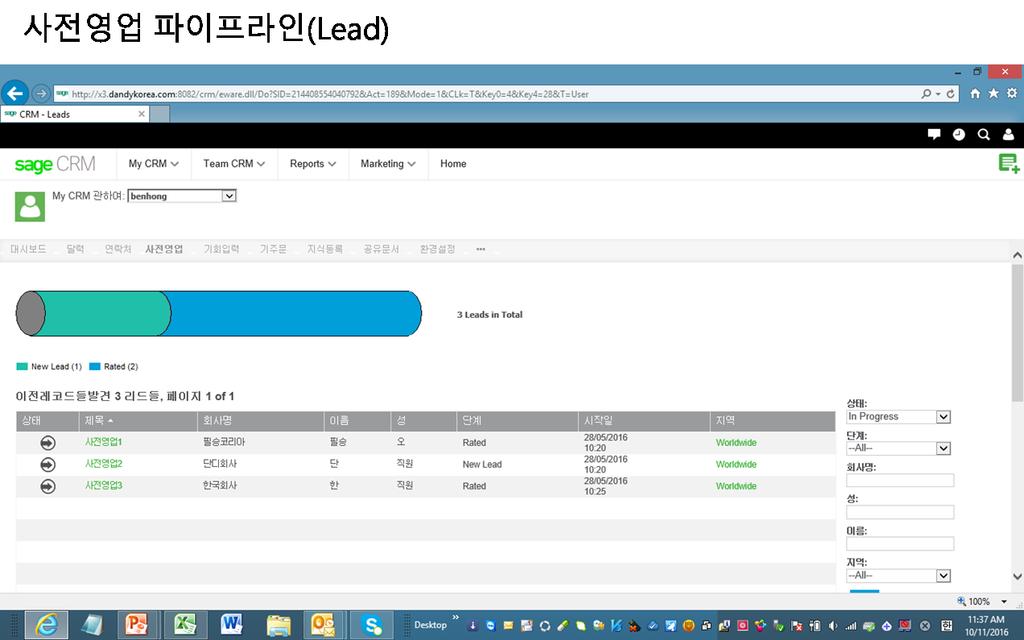 Sales Force Automation Lead 사전영업관리 Management (Lead) Sage CRM의리드워크플로우통해기회로할당 되도록관리해준다.