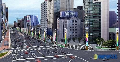 서울강남구미디어폴사례 강남대로에설치된미디어폴 ( 높이 12 미터 ) : 가로등, 미디어보드, 보행자안내판,