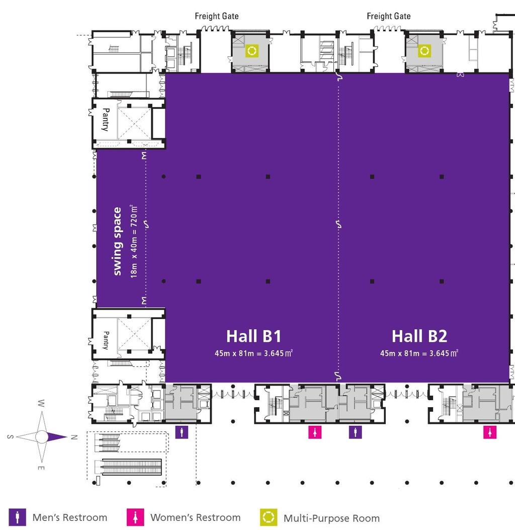 1. 전시장시설현황 _ 가. 도면 : Hall B 면적 - Hall B 전체 : 8,010m2 - B1/B2: 각 3,645m2 - Swing Space(Bss): 720 m2 천장높이 : 9.5m(Bss: 6.