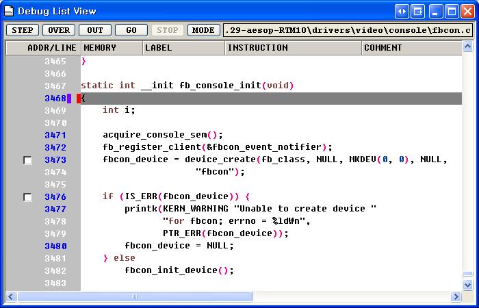 2) [Run]-[Go] 를실행하면, 잠시후 fb_console_init() 함수에멈춥니다.