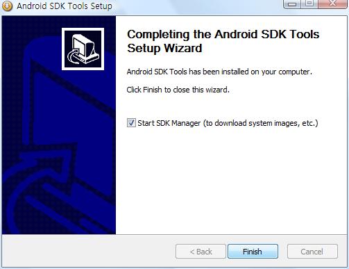 Start SDK Manager 를체크하고 'Finish' 버튼을클릭합니다.