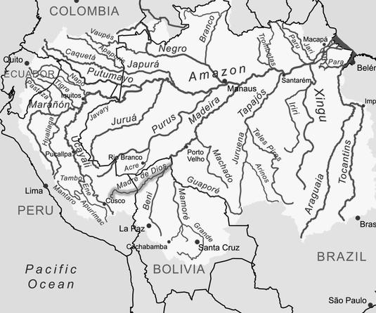 펴보면 < 그림 2> 및 < 표 1> 과같다. < 그림 2> 아마존유역의수계 ( 볼리비아포함 ) II 지 역포커스 출처 : CIA World Factbook 인용및재구성 (2010) 아마존유역의경우는수량이풍부해홍수의피해를내기도하는특징을가지고있다. 수계를강유역별로구분하여수량을살펴보면다음과같다.