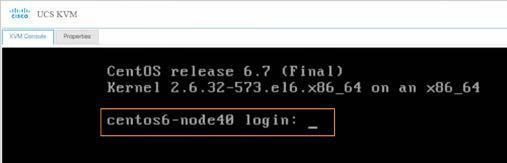 KVM 콘솔을확인하기위해 UCSM/ root / Infra-Server1 브라우저탭을클릭하면 CentOS 6 운영체제의로그인 프롬프트를볼수있으며서버가완전히프로비저닝되었음을확인할수있습니다. 30. UCSM/ root / Infra-Server1 탭을닫습니다.