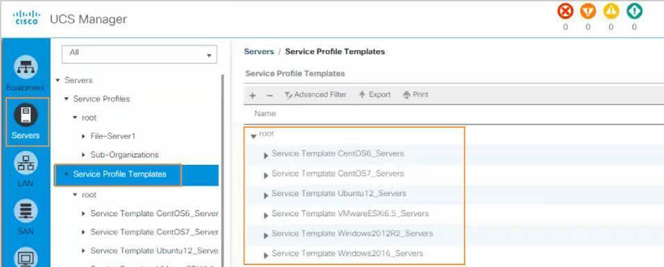 5. UCS Manager 탐색창사이드메뉴에서 Servers 를클릭. 6. Servers 탭에서 Servers > Service Profiles > root 로탭을확장하여현재이용가능한 service profiles 을확인. File- Server1 이리스트에올라옴.