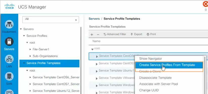 두대의 CentOS 6 서버설치자동화를위해메뉴에서 Create Service Profiles from Template 를선택. 9. 생성마법사화면에서 Naming Prefix 에 Infra-Server 를입력.
