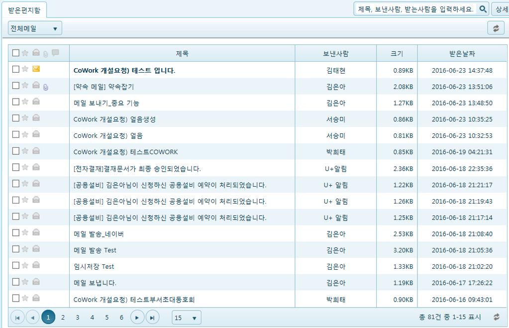 5. MY WORK_ 메일 메일 _ 목록화면 4 5 6 7 편지함목록 : 전체메일, 읽지않은메일, 읽은메일, 알림메일제외로구분하여확인이가능.. 상단영역 : 메일선택여부에따라버튼노출달라짐.. 선택영역 : 메일선택, 별표편지, 메일읽음여부, 첨부파일여부, 연관메일 ( 현재미사용 ). 제목 : 받은메일제목선택시상세화면으로이동 4.