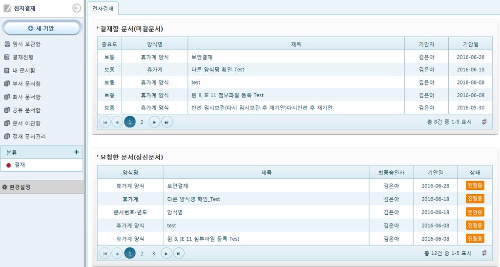 6. MY WORK_ 전자결재 전자결재 _ 메인화면 * 전자결재 - 오프라인으로진행하던결재를온라인으로진행하는프로세스 - 기안자, 합의자, 수신자의형태로결재를행하는사용자외에참조자, 조회자로문서를열람할수있는사용자를별도구별 -승인, 반려처리외에전결, 접수, 접수후내부결재, 후결, 전단계반려등의처리가권한에따라가능. 메뉴구분.