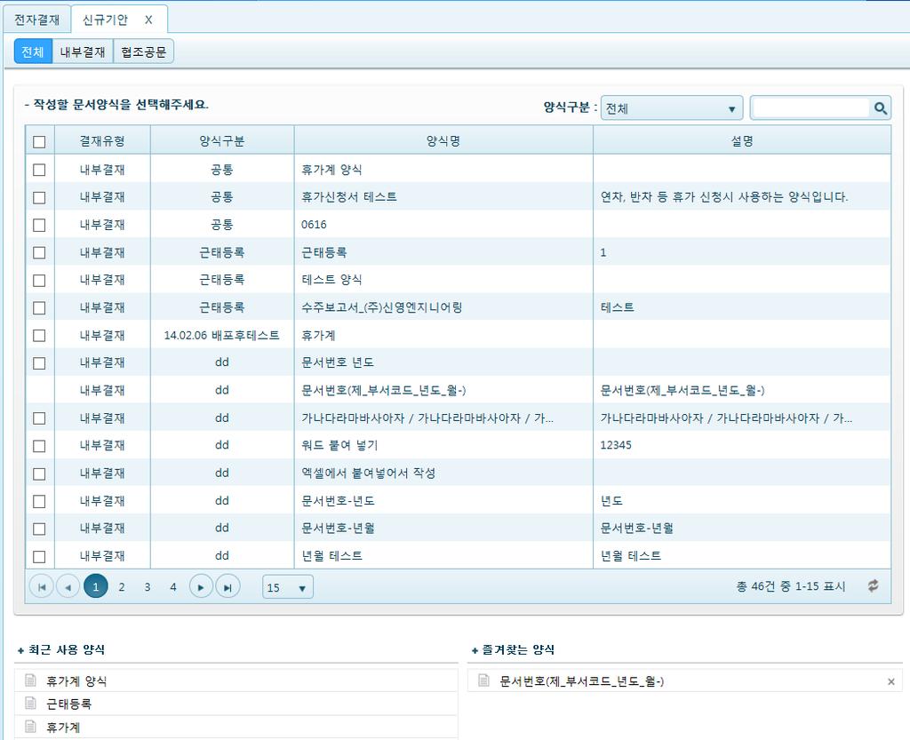 6. MY WORK_ 전자결재 전자결재 _ 새기안 _ 양식선택 - - 4 -. 신규기안탭. 양식구분 : 양식은전체, 내부결재, 협조공문으로선택하여확인가능.. 양식목록 -. 양식선택시우측상단에 [ 즐겨찾는양식추가 ] 버튼생성 -.