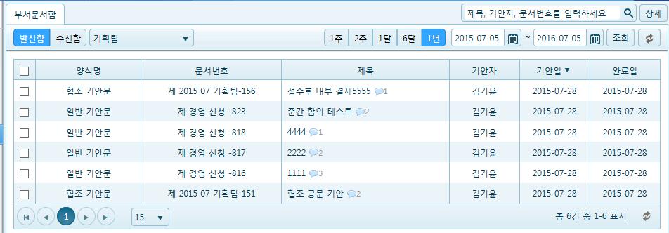 6. MY WORK_ 전자결재 전자결재 _ 부서문서함 * 부서문서함 : 내가속한부서원이함께사용하는문서함으로조직도상의같은부서원이동일하게사용.