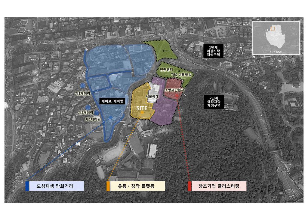 (1) 계획목표 업무 주거 산업 상업 교육 관광등다양한기능이복합된남산 ~ 퇴계로일대의낙후된블록을대상으로서울상상산업클러스터조성및활성화 명동, 남대문시장, 충무로, 세운상가등서울도심상업 산업중심지와의연계를통한산업적시너지창출 창조적종사자를위한매력적인공공공간및여가 문화공간조성을통해시민놀이터및콘텐츠관광의메카로서기능 (2) 공간적범위