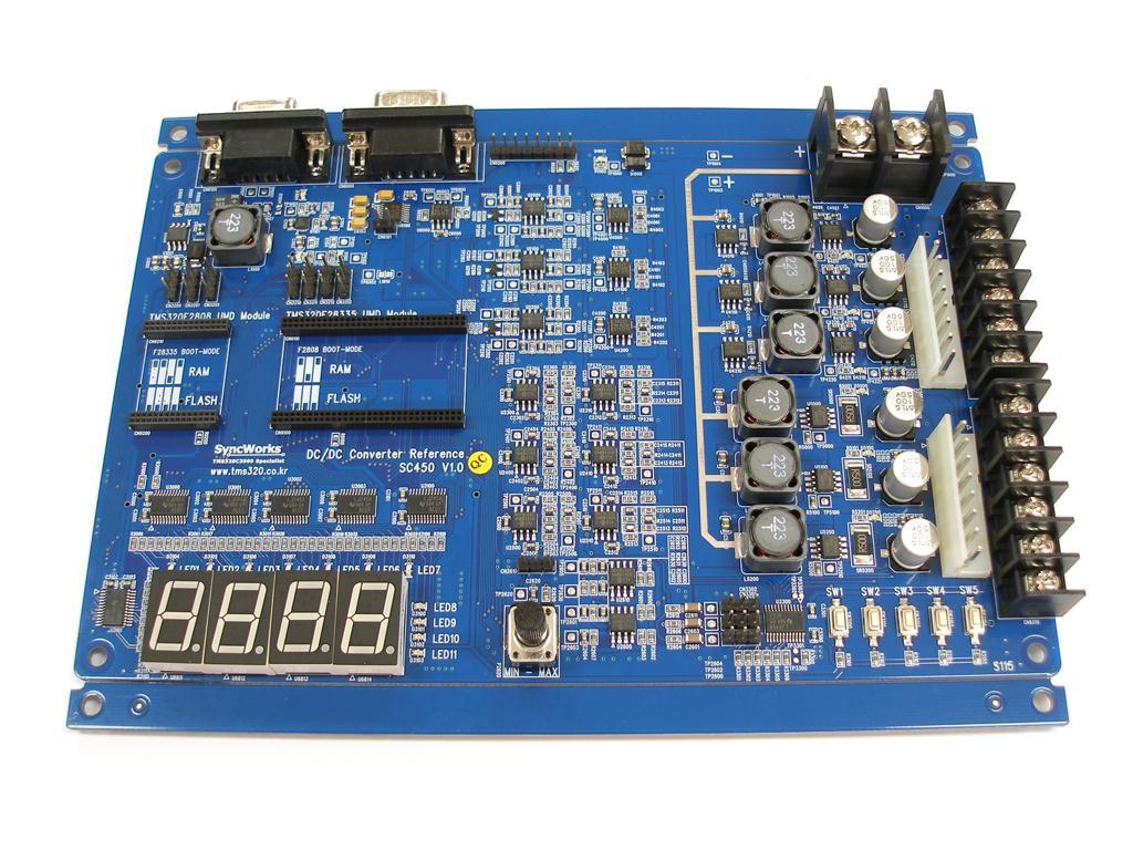 개발보드 DC/DC 전력변환용개발키트 (TMS320F28335/TMS320F2808) SC450 개발보드의주요회로및인터페이스안내 D-SUB 9 핀커넥터와싱크웍스표준 8 핀통신핀 - 헤더 (RS232C /