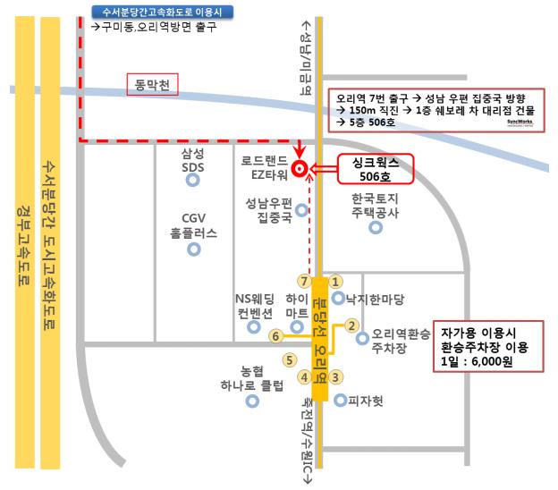 교육센터및프로그램안내 싱크웍스에찾아오시는길 지하철이용시수도권전철분당선탑승또는환승 오리역도착 오리역 7 번출구 성남우편집중국방향 150m 직진 1 층쉐보레차대리점건물 ( 로드랜드 EZ 타워 ) 5 층 506 호싱크웍스 기차이용시수원역 : 분당선왕십리방면탑승 오리역도착 ( 약 35 분소요 ) 서울역 : 서울역버스환승센터정류장 8100 번, 9401 번,