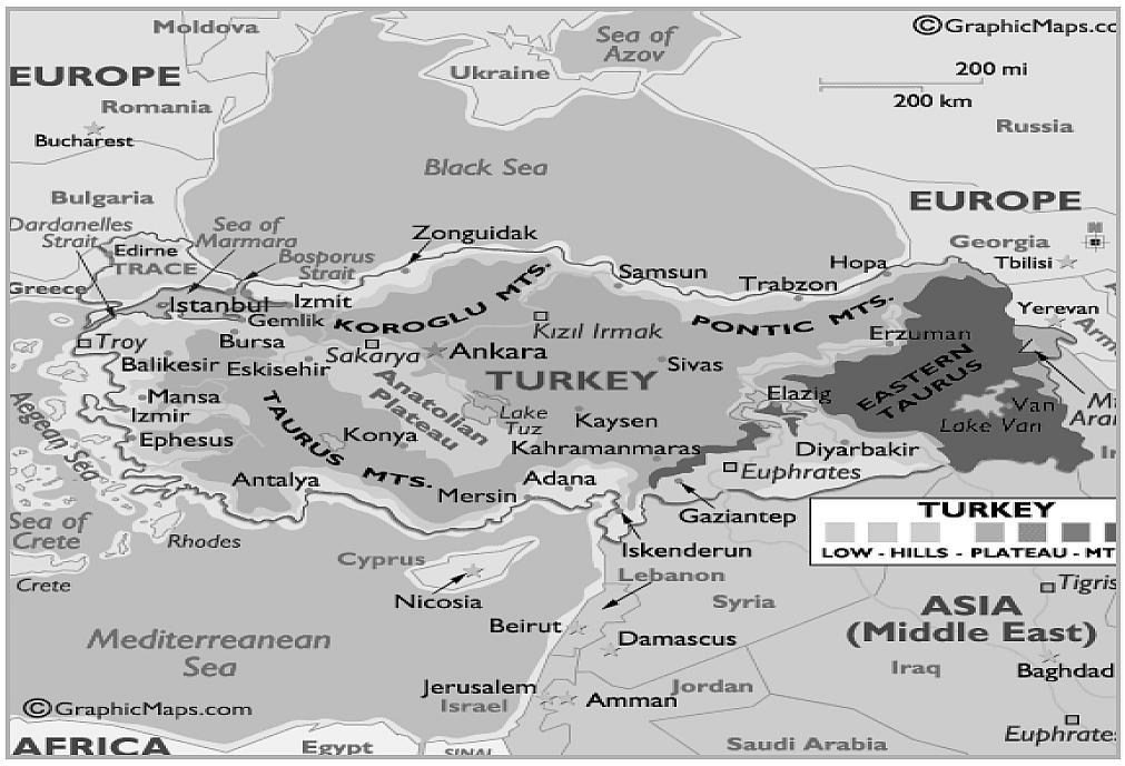 중소기업진출가이드 그림 7 지리적인요충지인터키와주변국가위치도 ( 자료 : WorldAtlas) - 주변지역경제협력기구에서주도적인역할담당 : 1964년터키, 이란및파키스탄에의해출범된지역협력개발기구 (Regional Cooperation Development: RCD) 는 1984년회교권경제협력기구 (Economic Cooperation