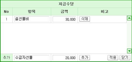 해당월의급여계산을하기전에직원개인별지급할수당및공제내역을등록하여직원각개인별반영하여직원급여계산시반영한다.