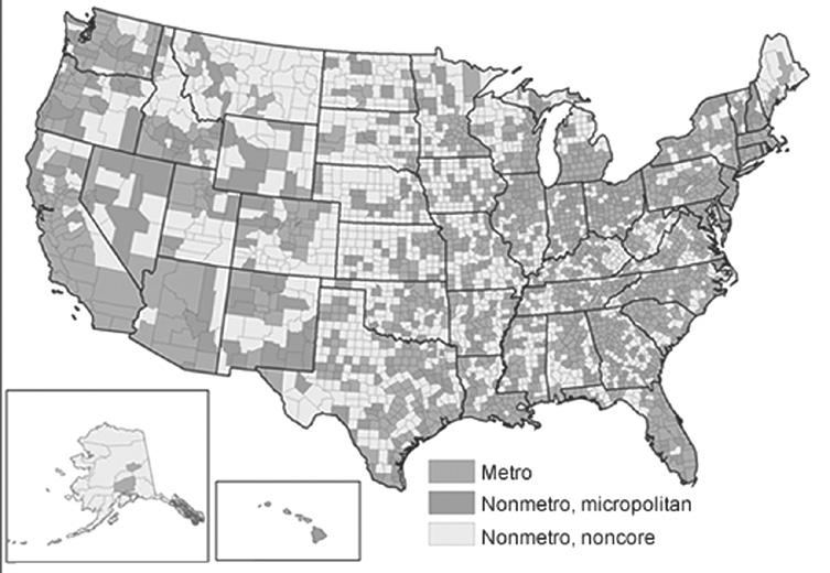 통계국은구획된센서스블록 (Census Block) 과블록그룹 (Block Group) 의총인구수와인구밀도에기초하여농촌을정의한반면 OMB는행정구역단위인카운티 (County) 를기준으로중심지여부와통근권정보에기초하여지역을구분하였다.