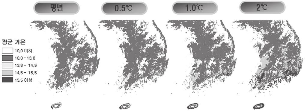 기후변화와농업 그림 3. 기온상승에따른감귤재배적지변화예측출처 : 농촌진흥청 (2008) 수밖에없다. 즉, 봄채소는지금보다일찍는해발 200 m이하해안 평지에서 250~ 심어가꾸어야하고, 가을채소는늦게심어 350 m 산간지및산지로이동될것이며, 가꾸어야할것이다. 연평균기온이 2.