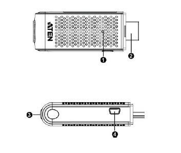 컴포넌트 VE819T 윗면과측면 No. 구성품 설명 1 상태 LED 전원이들어오면지속적인파란색이들어오고무선링크가연결됩니다. 페어링모드일때초에 1번깜빡입니다. 수신기와연결되면초에 3번깜빡입니다.