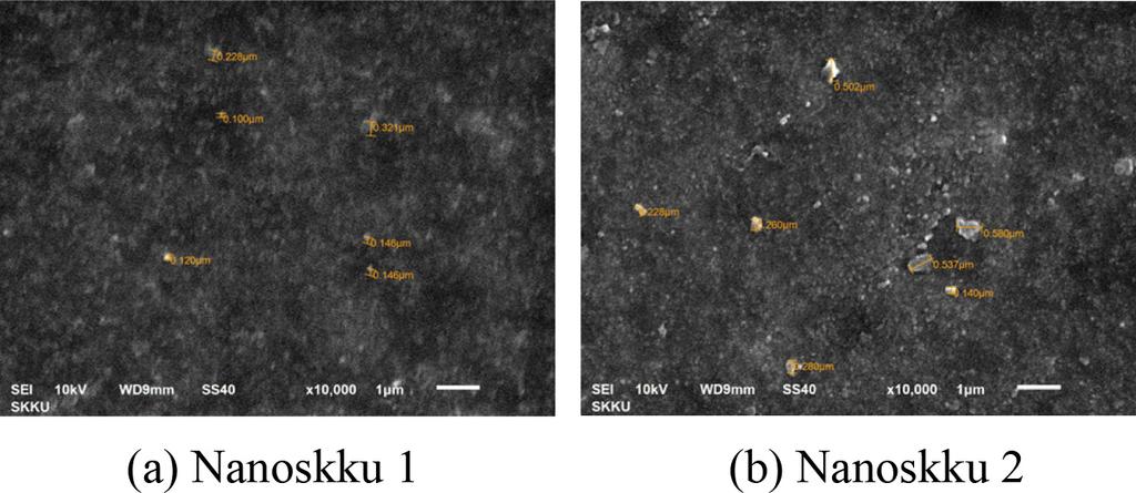 110 이창희 임용찬 배진영 Figure 9. SEM images of coated surface with (a) Nanoskku 1; (b) Nanoskku 2. 응집을관찰할수없다.