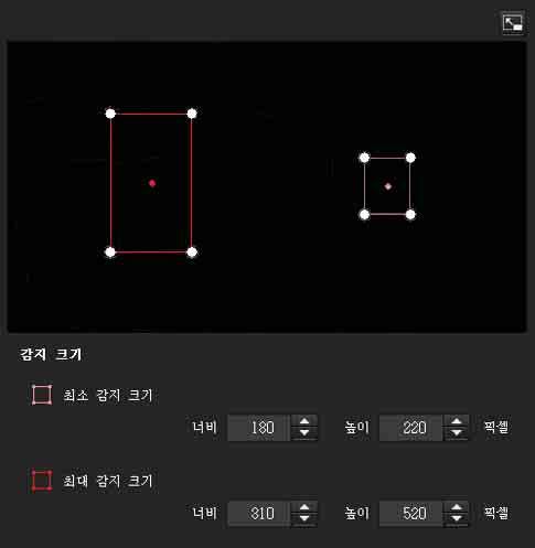 감소레벨환경에의한오류감지감소레벨을설정할수있습니다. 일반적인작동환경에서는감소레벨을 " 중간 " 으로설정하는것이좋습니다. " 높음 " 으로설정하면오류감지를줄일수있지만움직이는피사체감지가생략될수있습니다. 감지크기동작감지의최소감지크기와최대감지크기를지정합니다. 값을입력하거나영역의꼭지점을끌어서감지크기를지정할수있습니다. 감지감도동작감지의감도를설정합니다.