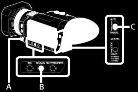 ISO 감도조절하기 자동 ISO 제한에의해값이증가되지않게할수있습니다. A: 수동다이얼 B: ISO/GAIN 버튼 C: AUTO/MANUAL 스위치 [ISO/ 게인선택 ] 을 [ISO] 로설정하십시오.
