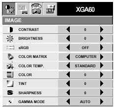 이미지 CONTRAST... 그림대비를조절한다. 대비는수가증가하면밝아진다. BRIGHTNESS... 이미지밝기를조절한다. 이미지는수가증가하면밝아진다. srgb...on 을선택하여컬러재생에서이미지강화를표시한다. srgb 가 ON 일때, COLOR MATRIX, COLOR TEMP, GAMMA MODE 는조정될수없다. COLOR MATRIX... 이미지의각색상의컬러를조절한다.