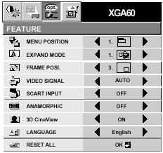 FEATURE MENU POSITION...UPPER LEFT 나 LOWER RIGHT 를사용하여화면에있는메뉴의위치를선택한다. EXPAND MODE... 화면확대를위한모드를선택한다. FRAME POSI... 서브화면의위치를설정한다. VIDEO SIGNAL...AUTO 가선택될때, 입력신호에따라서적절한비디오형식이자동으로선택된다.