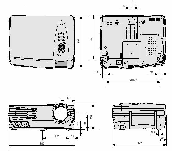 커넥터 RS-232C (Mini DIN 9P) COMPUTER IN/OUT (Mini D-SUB 15P 잭의핀배열 ) 규격그림 (mm) 상자에포함되어있는것 2 AC 전원코드 1