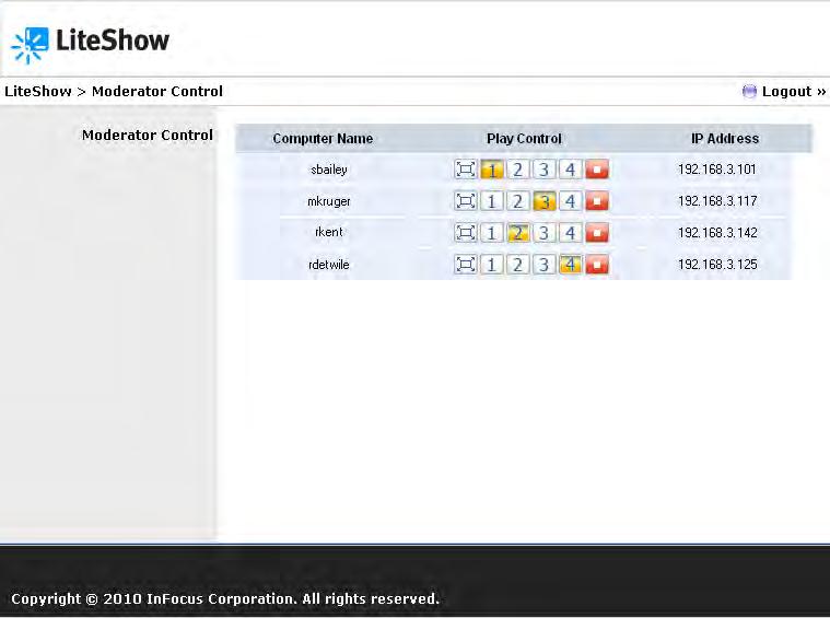 LiteShow 도구모음재생사용자 1 사용자 2 추가옵션일시중지 사용자 3 사용자 4 중지 새로고침 상태 여러사용자를조정하려면 : 참고 :