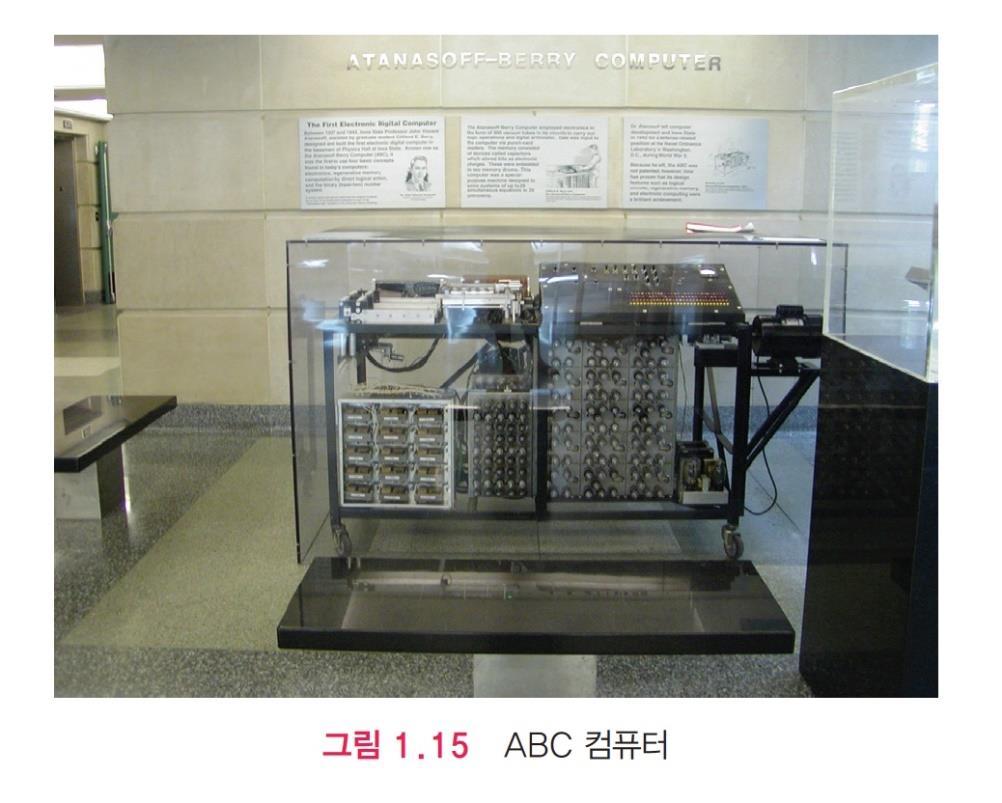 1.6 최초의현대적컴퓨터 ABC 컴퓨터 존아타나소프와척베리가발명 (1937~38) 저장된프로그램개념을사용하지않았음 범용으로프로그램이가능하지않음