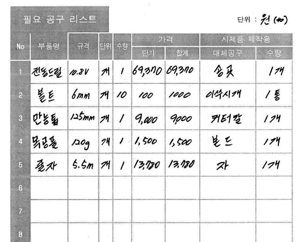 8V 개 1 시제품 제작용 대체공구 수량 69,370 69,730 송곳 1개 볼트 6 개 10