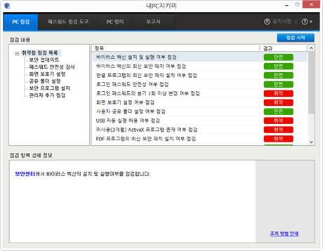 시작하기 6. 확인을누르면창이닫힙니다. 7. 내 PC 지키미의 PC 점검탭에서취약점점검결과를확인합니다. 참고패스워드안전성검사에서는다음 4가지항목에대한패스워드안전성을검사합니다.