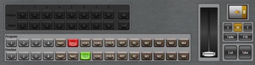 9. VIDEO MIXER 기능 (Video Switcher) 에대하여 Video Mixer(Switcher) 기능은최대 15채널의소스영상신호를실시간으로선택이가능하도록한것으로 Preview, Program의직관적인채널선택과다양한효과 (Transition Effect) 및전환시간선택, Take, CUT등의고급의비디오스위쳐기능을구현하고있습니다. 9-1.