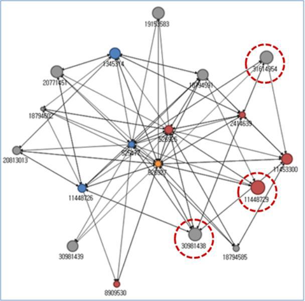 1246 전희주 그림 3.7. 주변전문연결자역할 을매개하고있는지를측정한다. 표 3.2와그림 3.7에서주변전문연결자로높은역할점수를가진노드는 11448729, 30981438, 31614954이며그들의점수는각각 11, 10, 10점으로영향력이높은것으로나타났다. 이들은모두그룹내 / 외부연결자와유사하게그룹경계에위치한사용자들의역할점수가일관되게높게나타나고있다.
