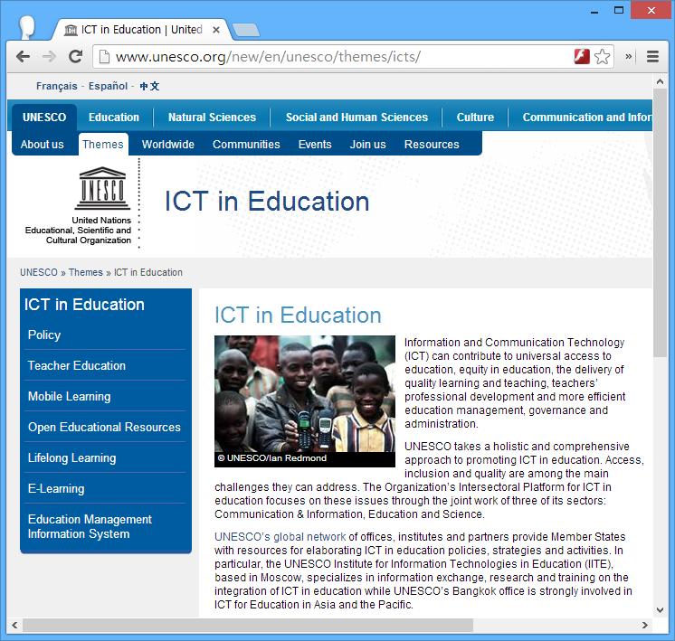2013 KERIS 이슈리포트 3. 선진각국의정보화정책현황및시사점 3.1. 유네스코의 ICT 의교육적활용 촉진활동 5) 유네스코 IITE( 교육정보기술기구 : Institute for Information Technology in Education) 는채택된 IITE 법규에따라교육활동에 ICT을적용하기위해필요한프로그램을설계 실행하는역할을수행한다.