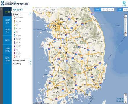 Ⅰ. 보건의료빅데이터동향 HIRA 빅데이터브리프 3.2 국내동향 건강보험심사평가원전국민진료정보를포함한의약품처방및유통정보등을포함된보건의료빅데이터개방시스템을구축하여비식별화된정보혹은민감하지않은정보를외부에제공의료이용지도 (Health Map) 를제공하고있음.