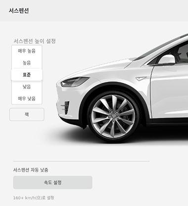 스마트에어서스펜션 메모 Model X 에스마트에어서스펜션이장착되어있는경우시스템의저장탱크가공기로채워져있기때문에 Model X 시동시컴프레서에서소리가날수있습니다. 스마트에어서스펜션은수동모드와자동모드로작동할수있습니다. 높이조정 주의서스펜션높이를조정하려면먼저 Model X 의위와아래에장애물이전혀없어야합니다.