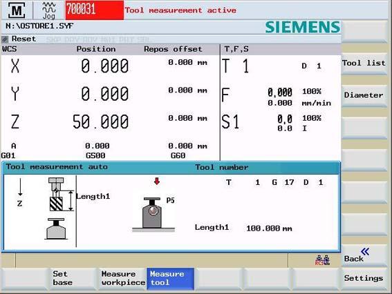 설정기능 3.2 측정공구 3.2.2 JOG 에서자동으로공구측정 기본환경설정 JOG 모드에서는기계의길이와직경에대한보정값을자동으로결정할수있습니다. 이를위해 SINUMERIK 802D sl pro 는자동측정과측정프로브계측을위한그래픽지원을제공합니다.