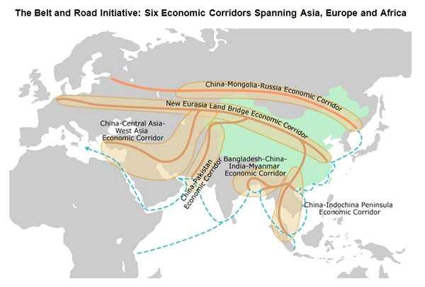 그림 4-1 중국의일대일로구상과 6 대경제회랑 자료 : Hong Kong Trade Development Council(2016). The Belt and Road Initiative. (http://china-trade-research.hktdc.