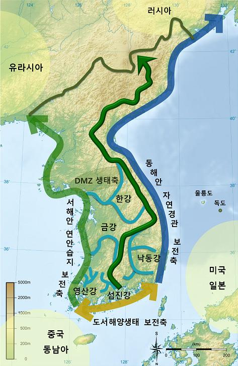 < 한반도핵심생태축 > ㅇ한반도생태네트워크추진기반강화 - 국토도시계획 * 등관련계획수립및개발사업환경영향평가시생태축적용 ** * 광역도시계획 도시기본계획 지구단위계획 ** 생태축의위계별 ( 국가핵심생태축,