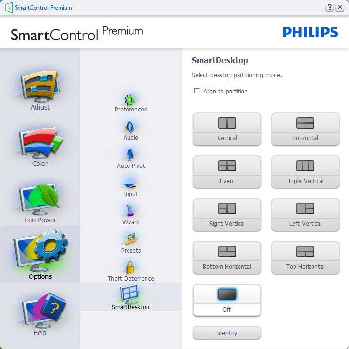 3. 이미지최적화 3.4 SmartDesktop 설명 SmartDesktop SmartDesktop 은 SmartControl Premium 에들어있습니다. SmartControl Premium 을설치하고 Options ( 옵션 ) 에서 SmartDesktop 을선택하십시오. 파티션에정렬확인란을선택하면창을정의된파티션에드래그하면창을자동으로정렬할수있습니다.