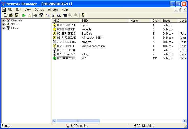 Fig3. NetWork Stumbler Fig3에서와같이주위에는다른 WiFi 신호가활성화되지않은상태에서진행했다. NetWork Stumbler는현재해당기기에서수신되는 WiFi 신호의수와채널, 세기를보여준다. 주위에 WiFi 신호가존재한다고하더라도세기가약하거나데이터통신이없으면영향이거의없다고할수있다.