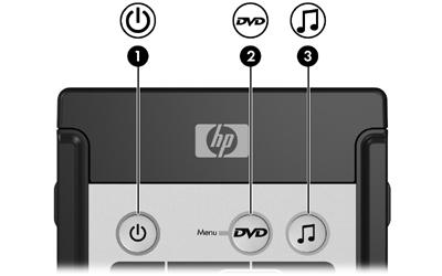 버튼빠른참조 (PC 카드버전 ) 이단원에서는 HP Mobile Remote Control(PC 카드버전 ) 의버튼기능정보를제공합니다. 컴퓨터가꺼져있는경우 : 전원버튼 (1) 을누르면 Windows상에서컴퓨터가시작됩니다. DVD 메뉴버튼 (2) 을누르면 QuickPlay DVD 모드가열립니다 ( 일부컴퓨터모델에만해당 ).