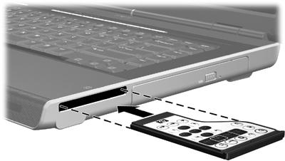 ExpressCard 슬롯에리모콘보관하기 HP Mobile Remote Control(ExpressCard 버전 ) 은컴퓨터의 ExpressCard 슬롯에안전하고편리하게보관할수있습니다. 주의컴퓨터및리모콘의손상을방지하려면 ExpressCard 버전의리모콘이나 ExpressCard 를 PC 카드슬롯 ( 일부모델에만해당 ) 에넣지마십시오.