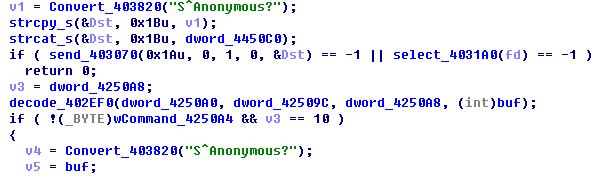 악성코드가실행되면초기화를거쳐 C&C 서버에접속을시도한다. 이때 Anonymous? 검사코드를보내 정상서버유무를확인한다. [ 그림 39] Anonymous 검사코드 또한명령을받아 cmd.exe 를실행하거나추가명령을수행한다.