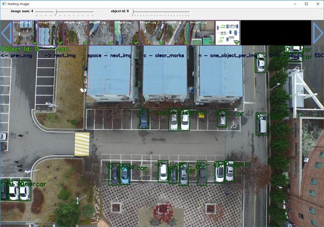 컨볼루션 네트워크에 대한 학 습을 위해서 지상의 자동차 영상에 대한 학습이 필요하 YOLO는 실시간 물체 검출기로 물체의 경계박스를 다. 그림 7은 학습에 사용한 자동차 영상이다. 나타내고 동시에 클래스를 분류하는 기능을 수행한다.