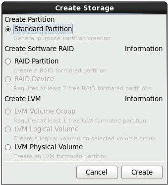 로컬 또는 원격 매체를 사용하여 수동으로 Oracle Linux 6.7 OS 설치 Create Storage 대화 상자가 나타납니다. b.