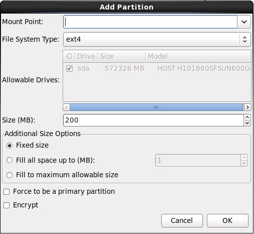 로컬 또는 원격 매체를 사용하여 수동으로 Oracle Linux 6.7 OS 설치 Add Partition 대화 상자가 나타납니다. c.
