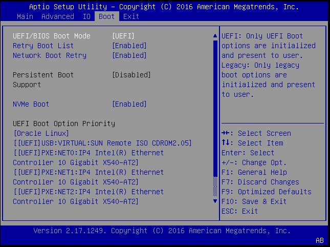 로컬 또는 원격 매체를 사용하여 수동으로 Oracle Linux 6.7 OS 설치 a. 아래에 표시된 BIOS Setup Utility 화면에서 만든 부트 항목 이름(이 경우 [Oracle Linux])이 UEFI Boot Option Priority 필드 아래에 첫번째 옵션으로 나열되었는지 확인 합니다.