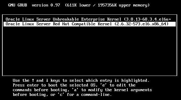 로컬 또는 원격 매체를 사용하여 수동으로 Oracle Linux 6.7 OS 설치 GNU GRUB 화면이 나타납니다. 29. Oracle Linux Server Red Hat Compatible Kernel (2.6.32-573.el6.x86_64)을 선택합니 다. 30.